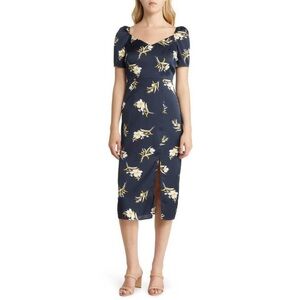 Sam Edelman dark blue yellow Tossed Floral Puff Sleeve Sheath Dress size 12/14